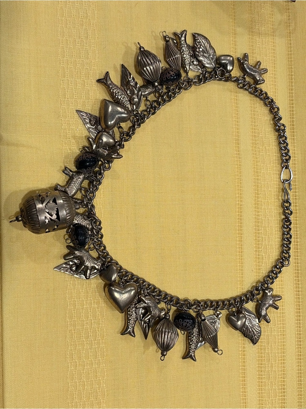 Mid Century Chunky Silver Charm Necklace Scottie Dog Horse Fish Heart Bird